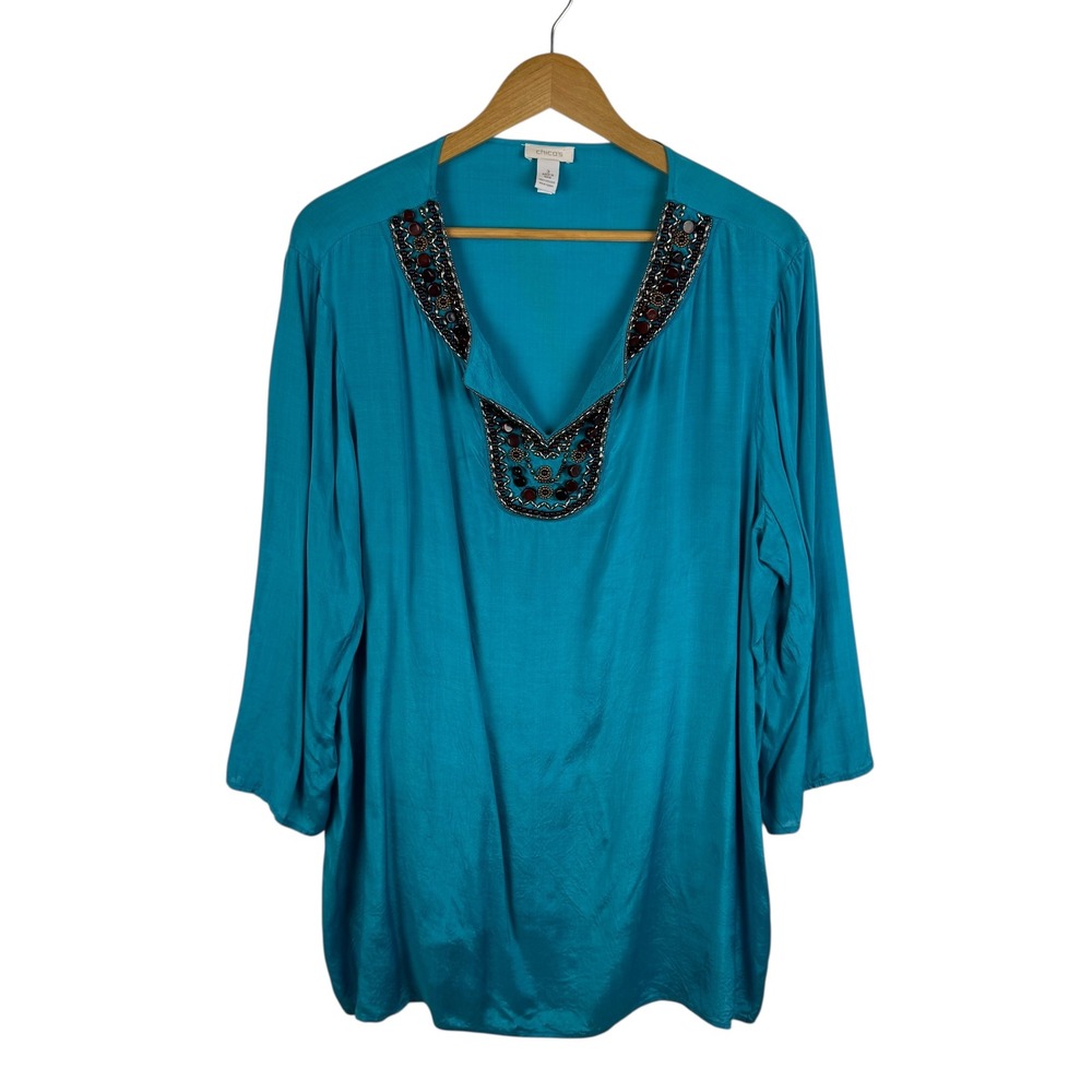 Chicos Embellished Tunic Top Size 3 XL Blue Viscose Beaded Neck Resort Tropical - Picture 1 of 11